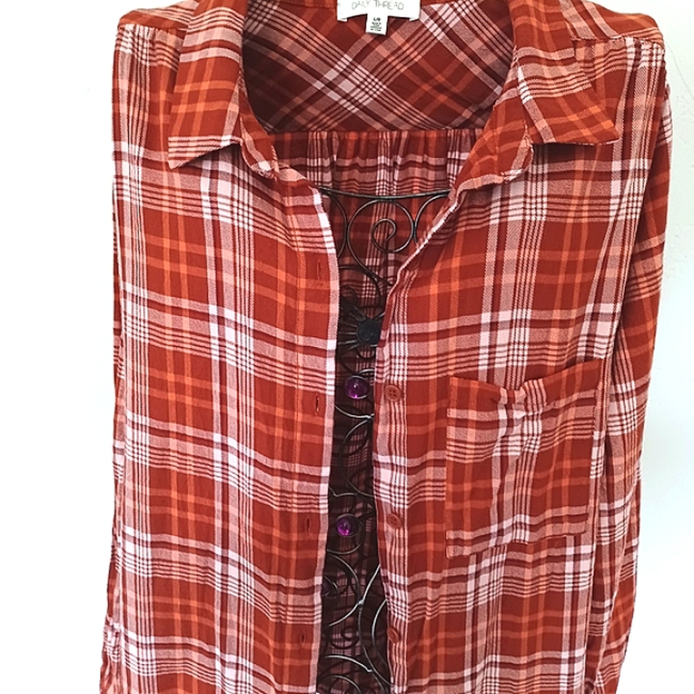 Daily Thread Rust Plaid Button-Up Shirt/Shacket - Picture 7 of 11